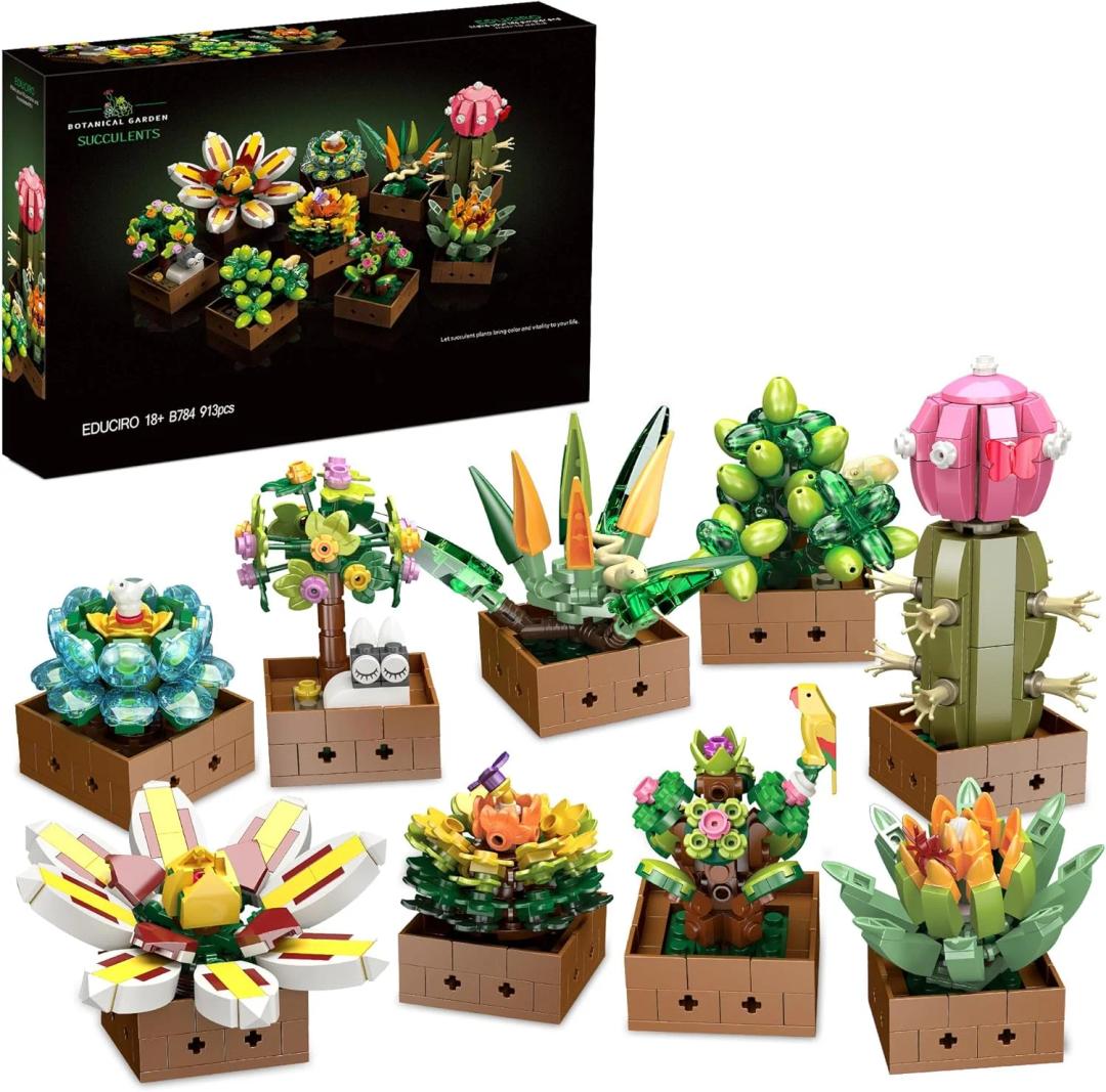 Educiro Flower Botanical Bonsai Building Set, Succulent Building Toys Block - 9 Pack, for Home Decor, Valentine's Day, Mother's Day, Christmas for Adults and Kids - 913pcs