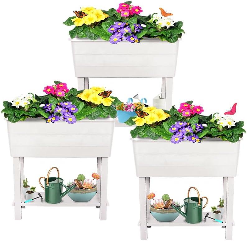 3 Pcs Self Watering Elevated Raised Garden Bed, Large Outdoor Plastic Planter Box Big Flower Plant Pot for Planting Flowers Vegetables and Herbs (3, White)