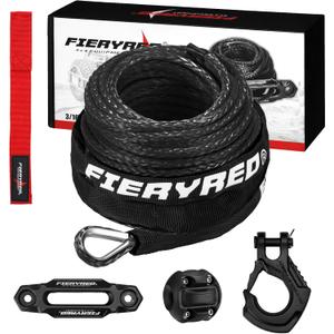 FIERYRED 3/16inch 50FT 8500LBS Synthetic Winch Rope Cable Kit with Forged Hook Rubber Stopper and Fairlead,Winch Line Replacement for 2000-3500LBS Winch, ATV, UTV, Offroad (Black)