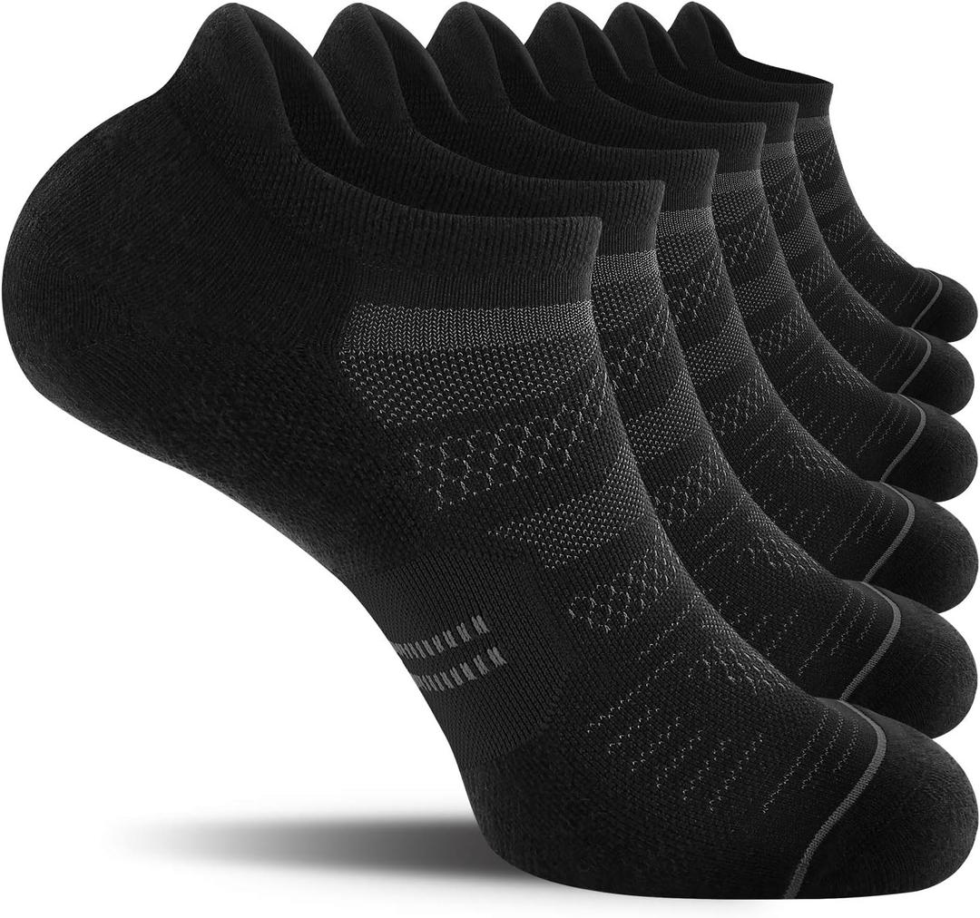 CS CELERSPORT 6 Pack Men's Running Ankle Socks with Cushion, Low Cut Athletic Sport Tab Socks (Large, Black)