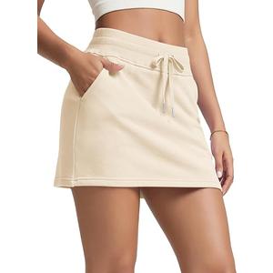 ODODOS Women's Cotton French Terry Skorts Drawstring Tie Built-in Shorts Casual Skirts with Pockets, Beige, Large