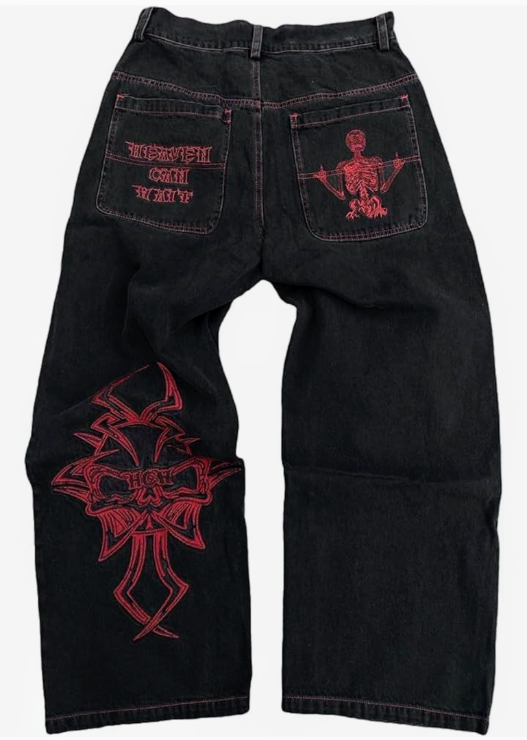 Y2K Jeans Men's Hip Hop Vintage Skull Embroidery Wash Denim Pants Gothic Straight Tube Loose Wide Leg Pants XL