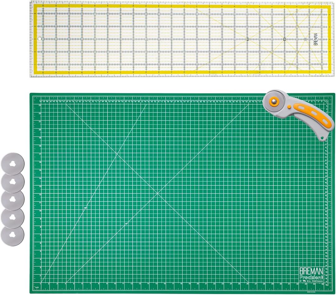 WA Portman Self Healing Cutting Mat & Rotary Cutter Set 45mm Rotary Cutter for Fabric with 5 Extra Blades with 24x36 Fabric Cutting Mats for Crafts & 6x24 Acrylic Quilting Rulers 3pc Sewing Kit, Black