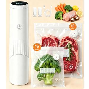 1800mAh Compact Vacuum Sealer for Food, 80kPa Powerful Handheld Vacuum Sealer Machine with 30 Reusable Bags, LCD-Display, Visible Water Tank, Portable Cordless Food Sealer for Meal Prep