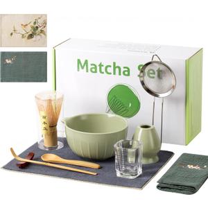 Matcha Whisk Set,10pcs Green Matcha Set for Ceremony,Matcha Whiskey and Rack,Ceramic Bowl,Spoon,Rack,Tea Sieve,Measuring Cup,Tea Scoop,Tea Towels and Mat,Tea Making Tools Gift for Matcha Lovers