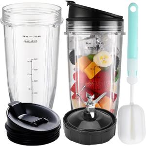 Blender Replacement Parts for Ninja, 24oz NinjavBlender Cups with To-Go Lids & 7 Fins Extractor Replacement Blade for Ninja Auto iQ Blenders BL480-30 BL642-30 BL682-30 BN401 BN751 BN801 BL2012 NN102