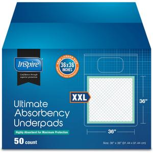 Inspire Extra Large Super Absorbent Disposable Bed Pads for Incontinence (36" X 36" Pack of 50) Ultra Thick and Absorbent Underpads Chux Adults, Puppies, Dogs Kids Furniture Protection