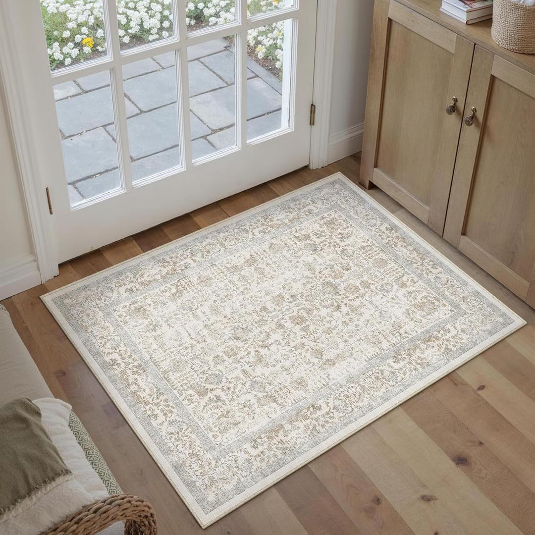 Taupe Entryway Area Rug 2x3 Door Mat Machine Washable Kitchen Vintage Distressed Non Slip Carpet Indoor Retro Floral Accent Throw Small Rug for Bathroom Office Bedroom Dining Living Room, Taupe Multicolor 