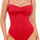 Popilush Corset Bodysuit for Women Tummy Control Shapewear Cowl Neck Tops Thong Bodysuits Concert Outfits (Medium, Red)
