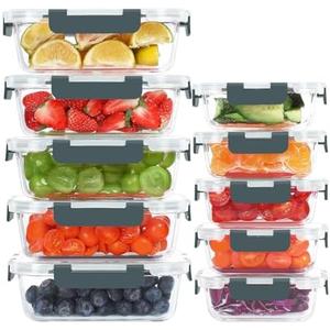 KOMUEE 10 Pack Glass Food Storage Containers, Meal Prep Containers with Lids, Airtight Glass Lunch Boxes, Freezer, Oven, and Microwave Safe