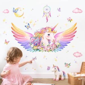 Unicorn Wall Decals for Girls Room - Fantastic Unicorn Wing Flower Vinyl Wall Stickers for Kids Baby Nursery Girls Bedroom Decor