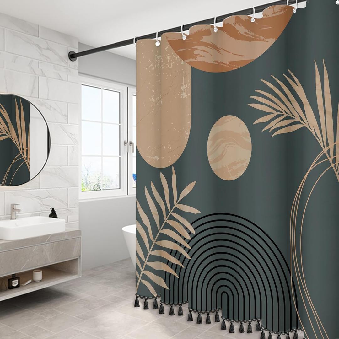 Boho Mid Century Leaf Shower Curtain Set,Arch Sun Design,Minimalistic Leaves Pattern,Waterproof and Luxurious Fabric-12 Hooks(Brown-72" x 72")