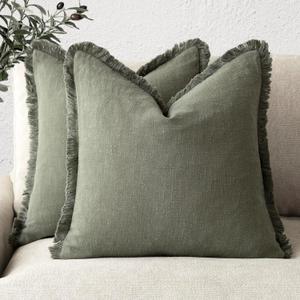 Foindtower Set of 2 Decorative Linen Fringe Throw Pillow Covers Cozy Boho Farmhouse Cushion Cover with Tassels Soft Accent Pillowcase for Couch Sofa Bed Living Room Home Decor, 2222 Inch, Olive Green