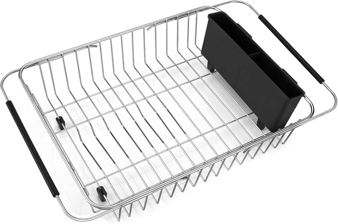 Adjustable Dish Drying Rack Over The Sink in Sink Or On Counter Dish Drainer with Removable Utensil Holder Rustproof Stainless Steel