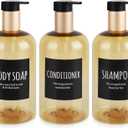 Plastic Press Shampoo and Conditioner Dispenser Set of 3,Refillable 16.9oz Shampoo Bottles Shower Soap Dispenser with Waterproof Labels for Bathroom (Amber Gold)