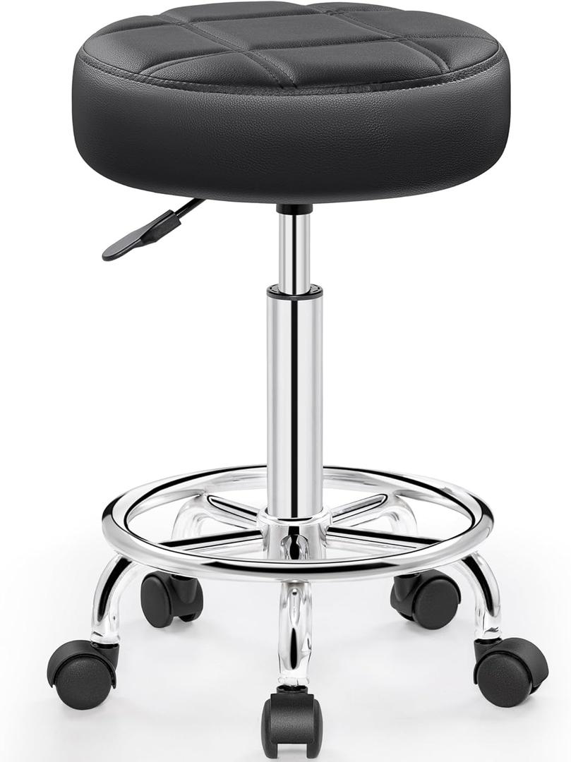 Rolling Stool with Wheels, PU Leather Small Office Chair with Foot Rest,Versatile Adjustable Swivel Stool for Tattoo Massage Salon Spa Teach Medical Facial Office Home Work Kitchen (Black)