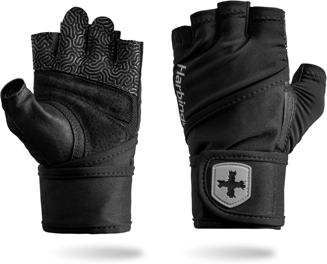 Harbinger Pro Wristwrap Gloves 3.0 - Enhanced Grip, Superior Wrist Support, Breathable 4-Way Stretch Lycra, Durable Leather Palm, Half-Finger Design for Weightlifting, Fitness Training, Women's (Large, Black)