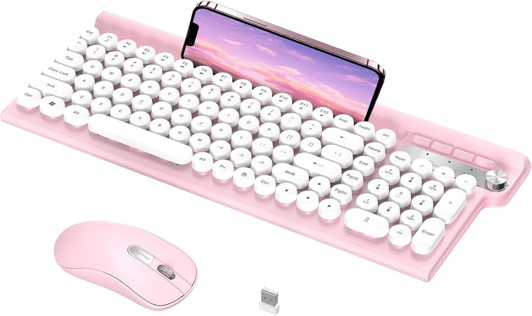 RaceGT Wireless Typewriter Keyboard and Silent Mouse Combo - Cute Pink Keyboard with Phone Holder, 2.4G USB Computer Keyboard and Mouse Set for Windows Laptop/Desktop/PC (Pink-1)
