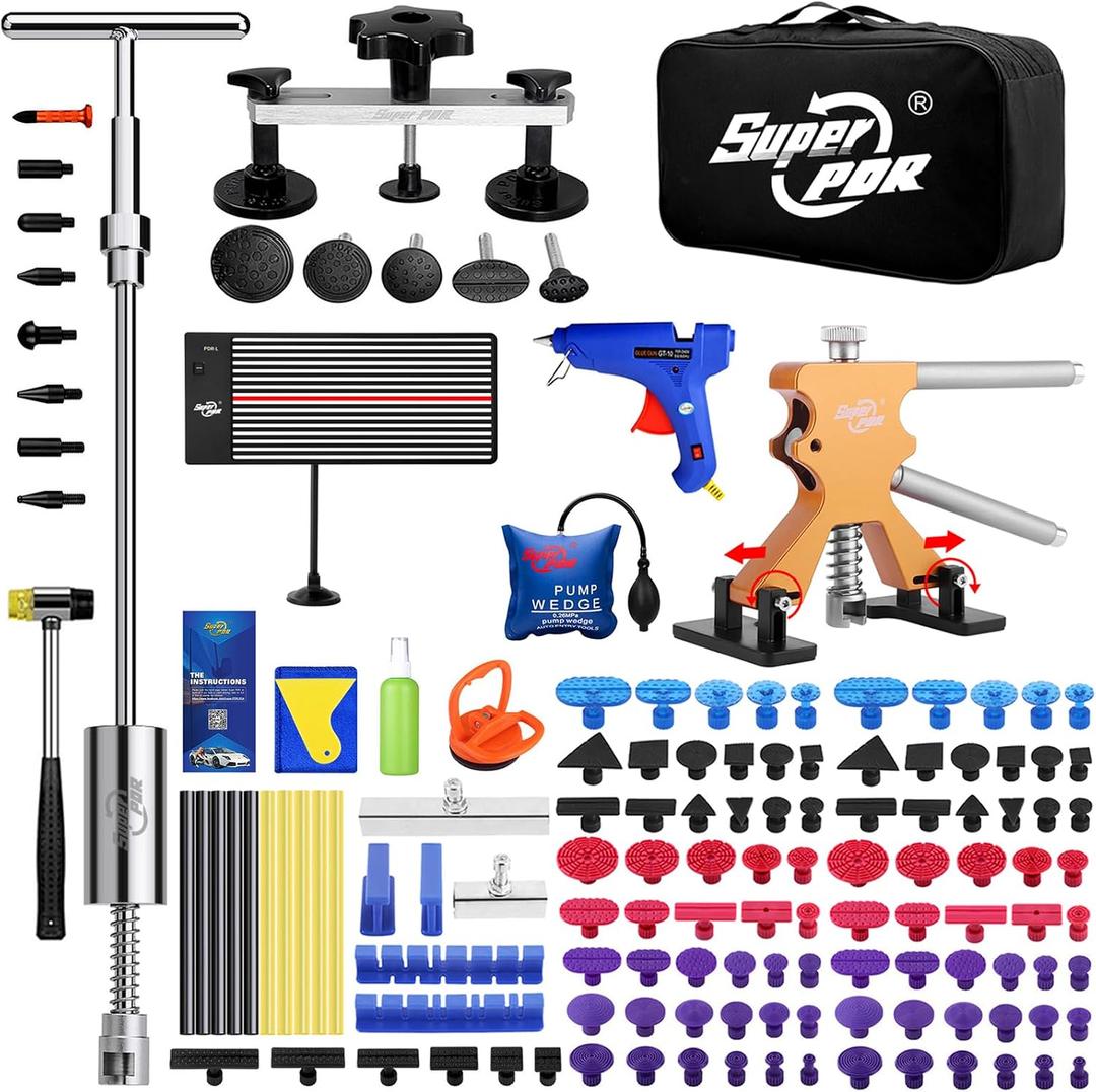 Super PDR Paintless Dent Repair Kit 148PCS Dent Puller Kit with LED Light Board Can Removal 99% of Car Dents in 30 Minutes for Repair Work of Big Dents, Small Dents, Door Ding, Creases and Hail Damage (EXP 01/01/27)