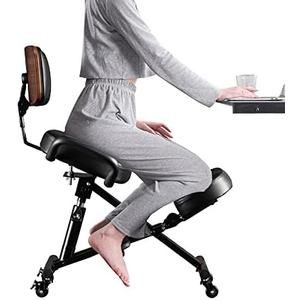 Ergonomic Kneeling Chair with Wood Back Support, Adjustable Desk Chair for Home and Office, Reduce Pressure on Your Shins with Adjustable footrest,Brake Casters,Black
