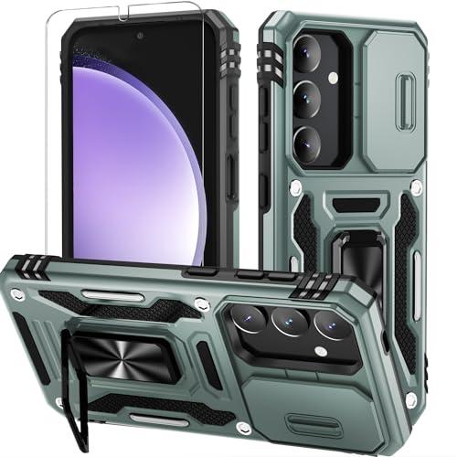 Pack of 5, WRJ for Samsung Galaxy S25/Galaxy S24 Case with Slide Camera Cover and Screen Protector, Military Grade Protection [Rotated Ring Kickstand] Heavy Duty Shockproof Protective Cover-Green