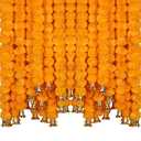 Marubhumi 5-PC Artificial Marigold Flower Garland – 4.5 Feet Long Strands with Bells | Mango Color | Diwali, Wedding, Home, and Christmas Décor