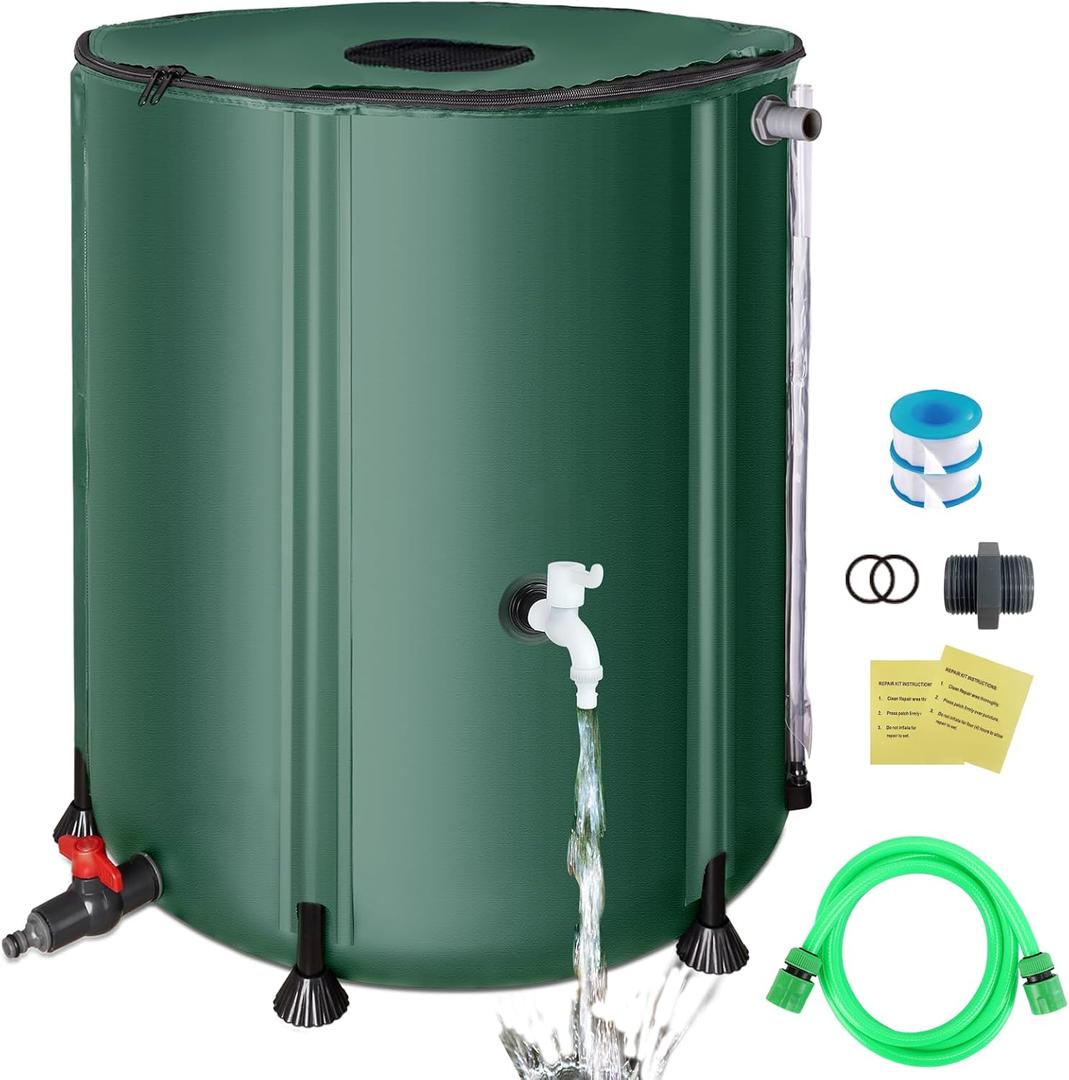 SKM Collapsible Rain Barrel, PVC Rain Water Collection System and Water Tank for Outdoor/Garden/Lawn, Portable Rain Water Collection Barrel Container with Spigots & Overflow Kit, 53Gallon, Green