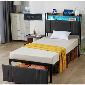 Z-hom Twin Size Bed Frame with Storage Drawer, Upholstered Platform Bed Frame Headboard with 2-Tier Storage Shelves, USB Charging Station and LED Lights, No Box Spring Needed, Noise-Free, Grey, Missing parts/accessories