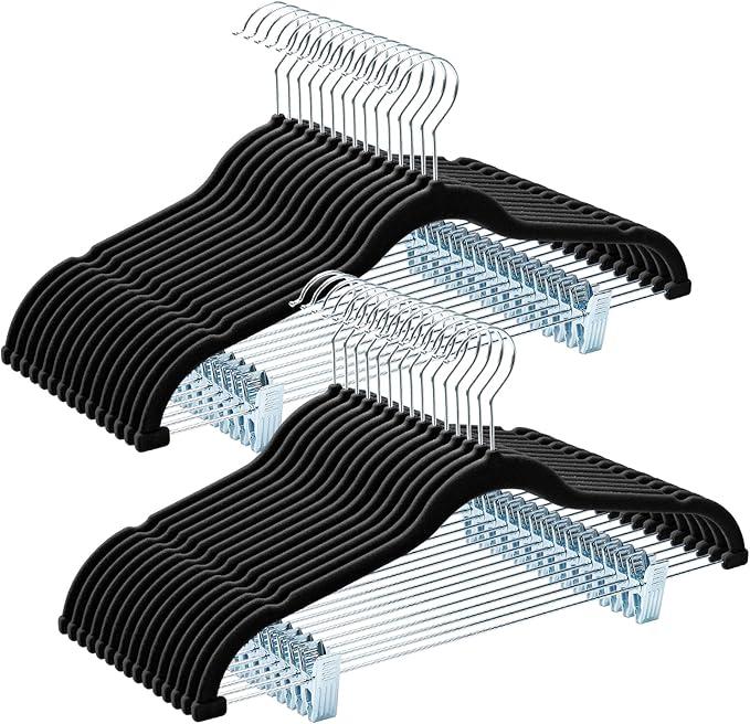 HOUSE DAY Velvet Hangers with Adjustable Clips 30 Pack, NonSlip Suit Organizer with 360° Hook  Heavy Duty Hanger for Pants, Skirts, Blouses, Dresses  Outfit Hangers AllSeason Space Saver (Black)