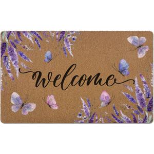 Lavender Floral Welcome Door Mat, Purple Cute Flower Butterfly Artificial Coir Front Door Mat Indoor Outdoor Entrance, Farmhouse Rustic Doormat Rug for Porch Entryway Patio Decor,17X30 Inch