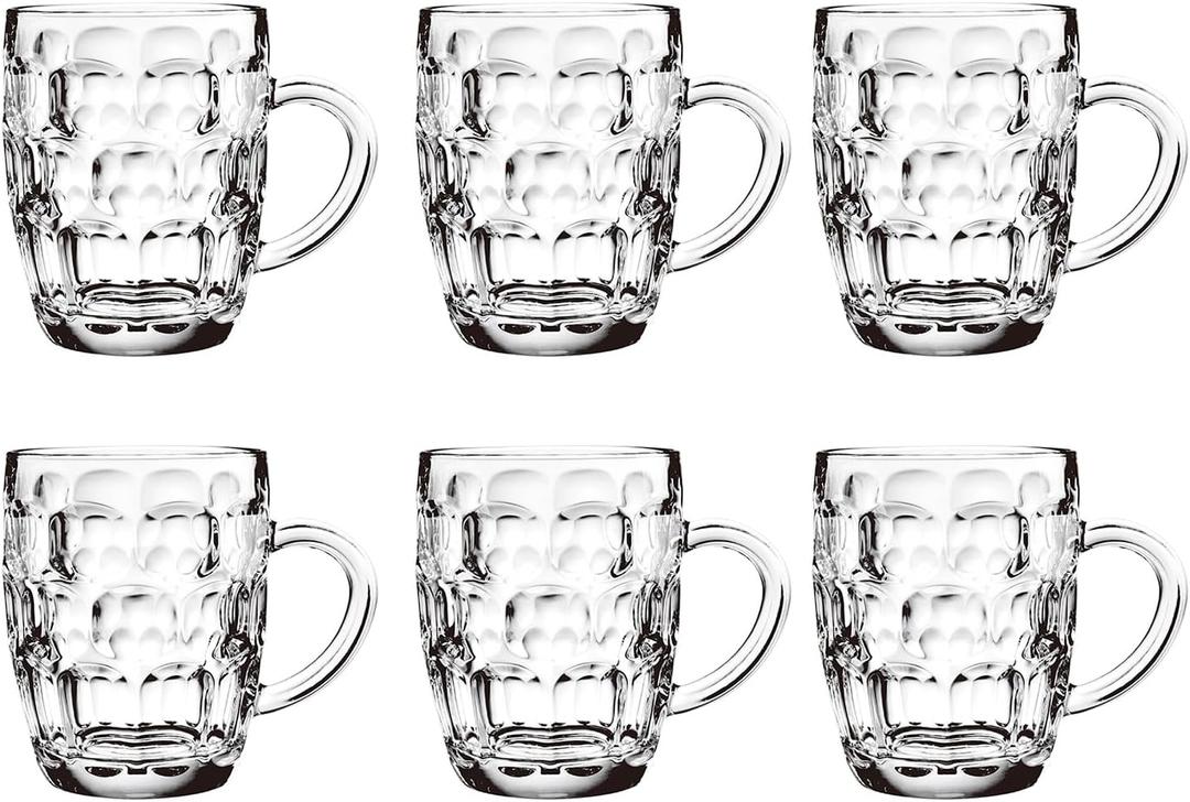 TUSAPAM Dimple Stein Beer Mug Set, 20 oz Beer Glasses with Handle, Glass Beer Mugs, Dishwasher and Freezer Safe, Clear and Sturdy, Set of 6