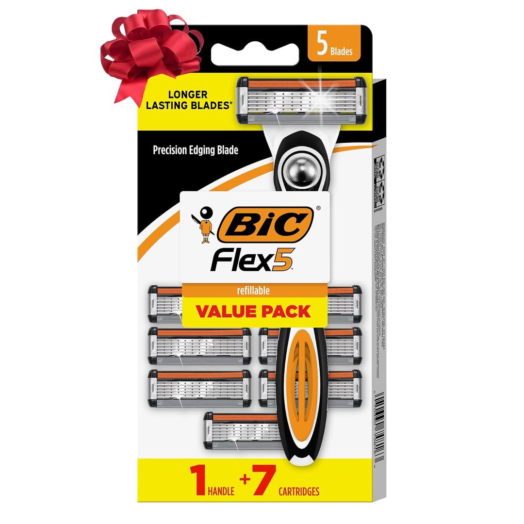 BIC Flex 5 Refillable Men's 5 Blade Razors, Long-Lasting and Comfortable Shave, 1 Handle and 7 Cartridges-Pack (Black)