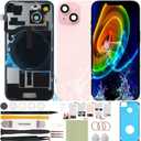 Back Screen Glass Replacement Compatible with iPhone 15 All Carriers 6.1" + Pre-Installed Plate + Wireless Charging Coil Flex Cable + Microphone + Flashlight + Camera Frame (Pink)