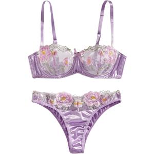 Verdusa Women's 2 Piece Embroidery Mesh Satin Lingerie Sets Underwire Bra and Thong Set Purple X-Large