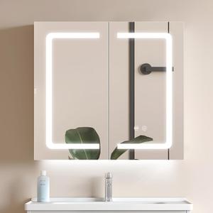 Black Bathroom Mirror Medicine Cabinets with LED Lights, Wall Mounted Mirror Medicine Cabinet with Adustable Shelf, Shaver Socket and Plug, 2 Doors, Anti Fog, Dimmable, Memory Function, 25.5 x 24 inch