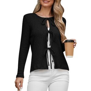 Tie Front Cardigan for Women 2025 Lightweight Cropped Ribbed Knit Shrug Fall Open Front Bow Cardigan Tops (Medium, Black)