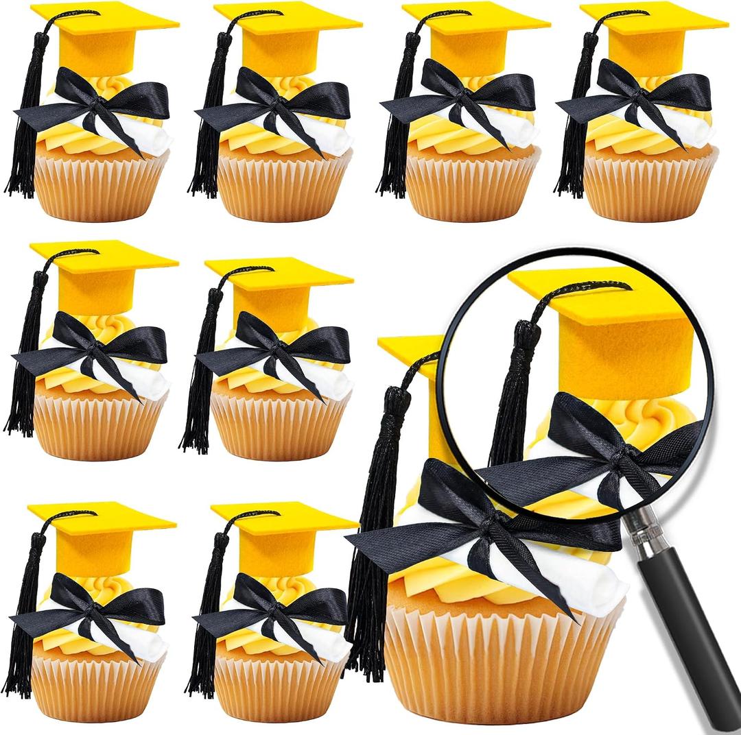 2 x Gyufise 24Pcs 3D 2026 DIY Graduation Cap Cupcake Toppers and 24Pcs Diploma Picks 2026 Congrats Grad Cupcake Picks with Tassels for School Boys Girls Graduate Party Decorations Supplies Gold Black