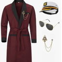 Men Silk Robe Red Jacket Hugh Costume With Belt Brooch Captain Sailor Hat Toy Glasses Set Halloween Hefne Costume Men, Size 3XL