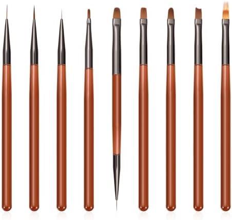 9Pcs Nail Art Brush Set, Builder Painting Design Detail Drawing Brushes Dotting Pen Double-Ended French Liner For Gel Polish Manicure Tools Acrylic Home DIY Salon Use Women, Brown