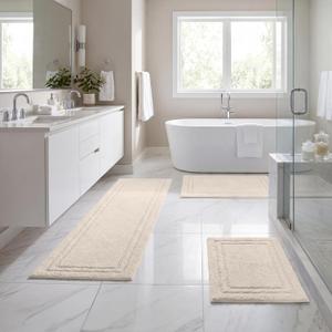 SUPERIOR Cotton Washable Bath Rug with Runner Bundle Set, 3 Piece, Cream, 3PC Set