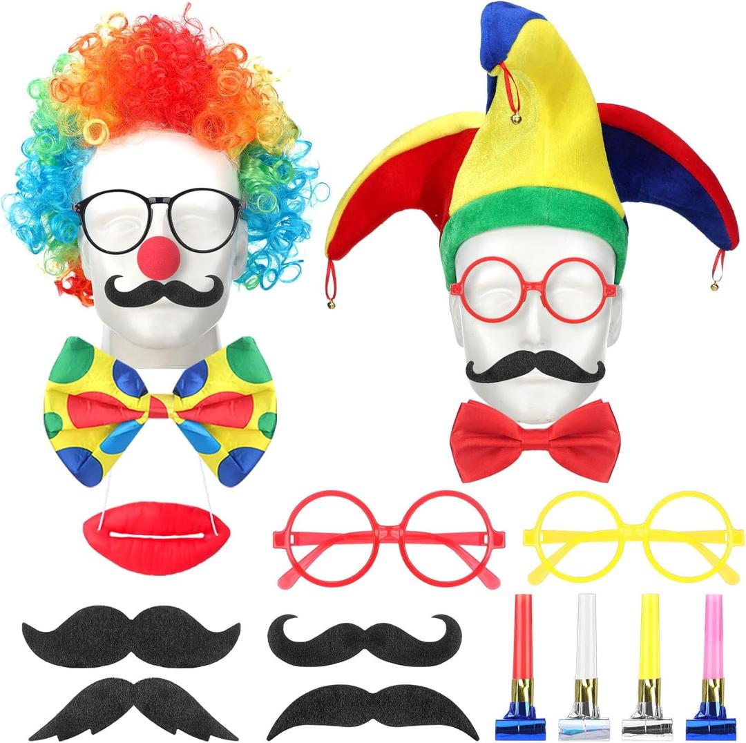 26 Pcs Circus Party Accessories Set Clown Photo Booth Props Decoration Clown Hat Cosplay Costume Set Circus Theme Party Photobooth Accessory for Pretend Play Halloween Cosplay Dress up Decoration