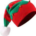 FOIMAS Christmas Knitted Hat, Knitted Christmas Elf Santa Hat with Jingle Bells and Pom Pom for Unisex Adults Xmas Holiday Winter Party Supplies, Red and Green