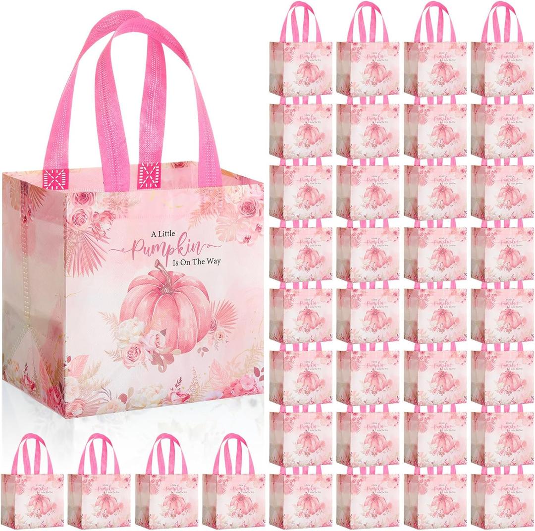 Frienda 50 Pcs Little Pumpkin Gift Bags Fall Baby Shower Party Favor 8 x 8 x 6 Inch a Little Pumpkin Is on The Way Baby Shower Non Woven Bag Fall Goodie Treat Gift Tote with Handle(Pink)