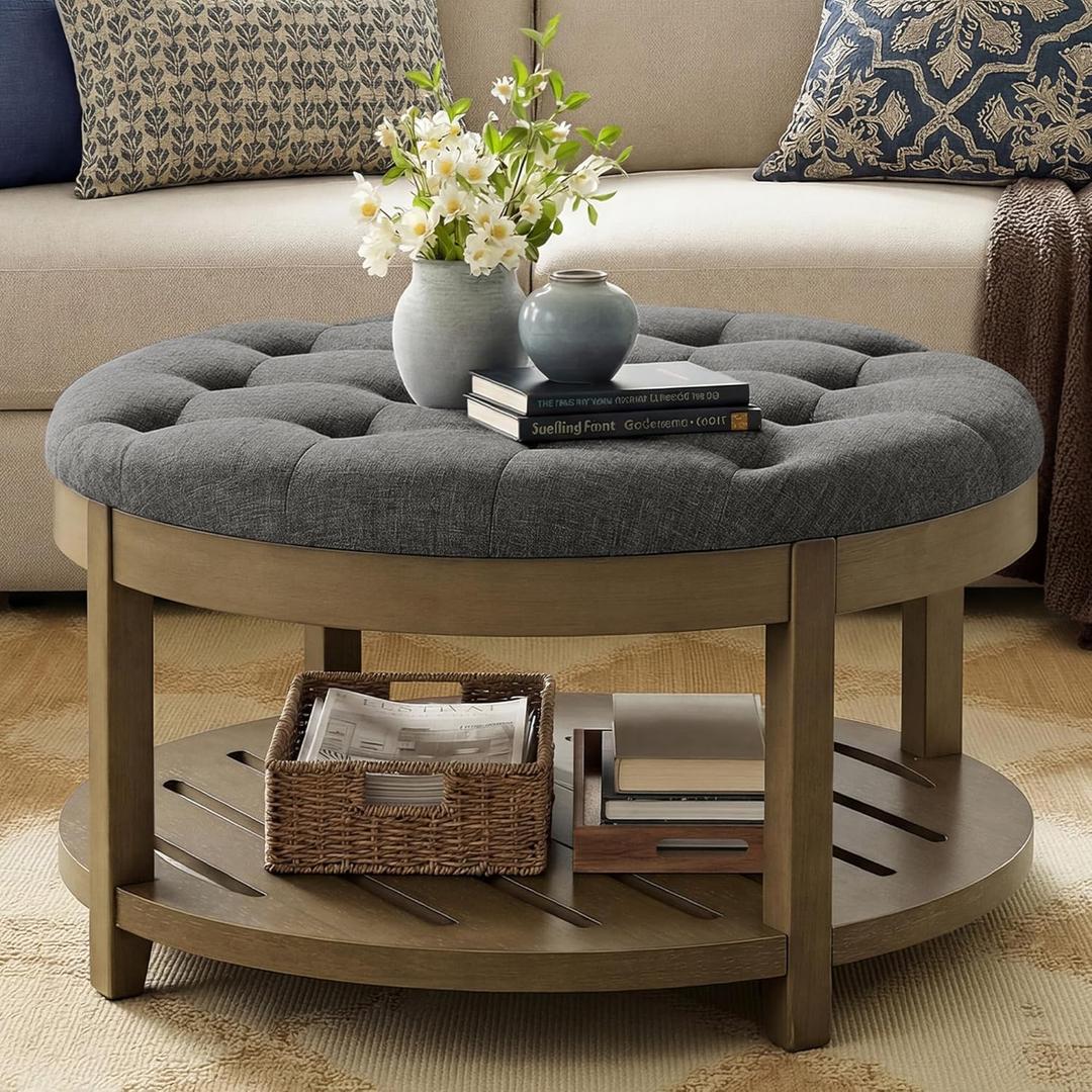 SONGMICS Storage Ottoman with Solid Wood Frame, Round Upholstered Ottoman Coffee Table, Footrest, Tufted Cushion, for Living Room, Easy Assembly, 31.5 x 31.5 x 17.7 Inches, Slate Gray ULSF053GN01