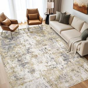 Area Rugs for Living Room: 9X12 Large Soft Washable Rug Modern Abstract Non-Slip Backing Stain Resistant Carpet for Bedroom Dining Room or Home Office Home Decor -Gray Gold