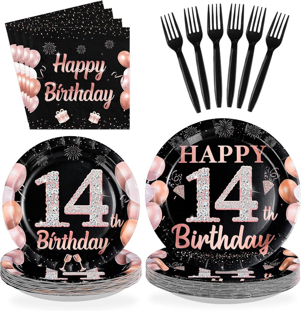 96Pcs 14th Birthday Decorations for Girls Black and Rose Gold 14th Plates and Napkins Disposable Rose Gold 14 Happy Birthday Tableware Set for Girls 14 Years Old Party Supplies, Serves 24