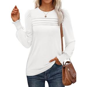 ANRABESS Long Sleeve Shirts for Women Fall Fashion 2025 Dressy Casual Blouses Trendy Pleated Tunic Tops Outfits White X-Large