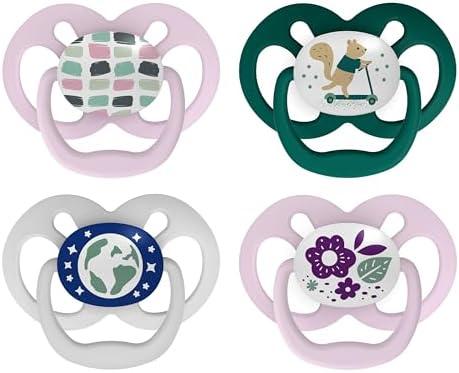 Dr. Brown's Advantage Glow-in-the-Dark Baby Pacifier, Fully Symmetrical Soother with Soft Silicone Bulb, Scooter Squirrel-Purple Nature, 6-18m, BPA Free, 4 Pack