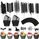 Honeydak 120 Pcs Halloween Cupcake Wrappers and Toppers Set 60 Artistic Cupcake Wrappers Lace Laser Cut Liner and 60 Bat Ghost Witch Cake Toppers Picks Glitter for Halloween Party Decor (Black)