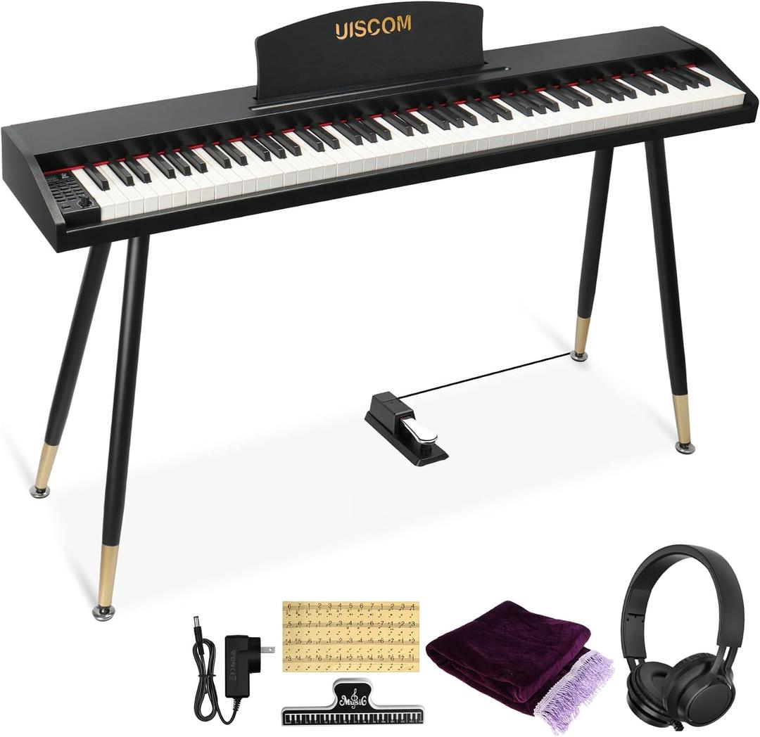 UISCOM Digital Piano Keyboard for Beginners,Full Size 88 Key Semi-Weighted Keyboard Electric Piano with Stand,Power Adapter,Sheet Music Stand,Pedal,Headphone,USB-MIDI Compatibility,Wood Black, URS25 with Stand